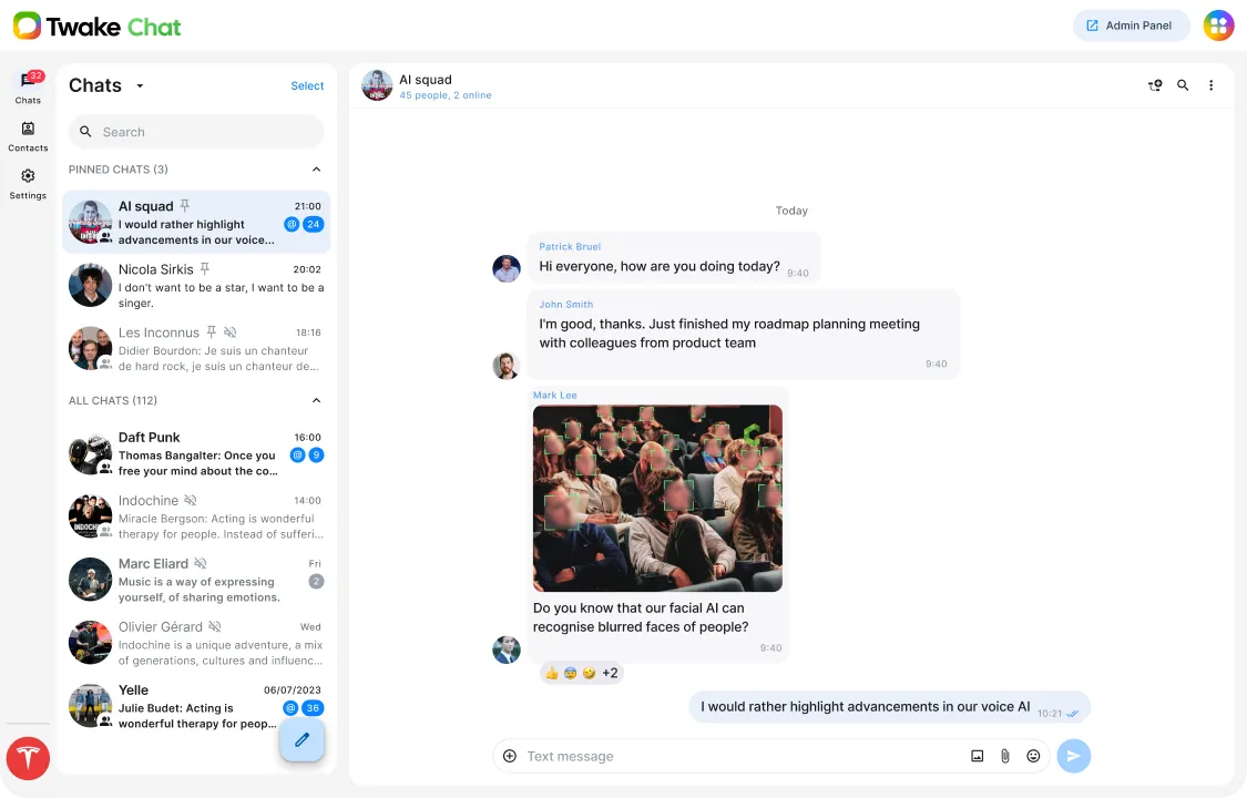 Twake Chat : liste des conversations épinglées et discussion d’équipe avec images et réactions.
