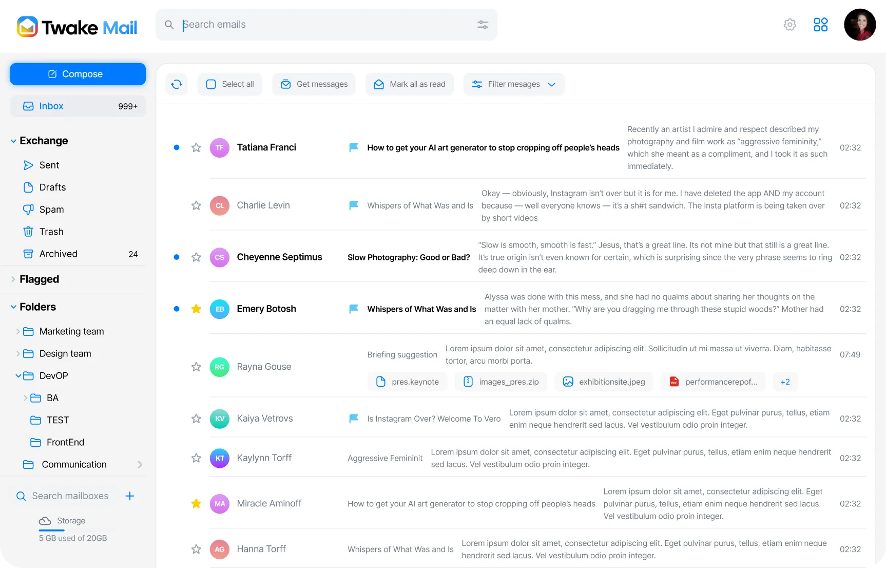 Twake Mail : boîte de réception avec dossiers partagés, messages marqués et pièces jointes.